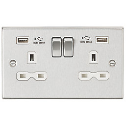 Knightsbridge  13A 2-Gang SP Switched Socket + 2.4A 2-Outlet Type A USB Charger Brushed Chrome with White Inserts