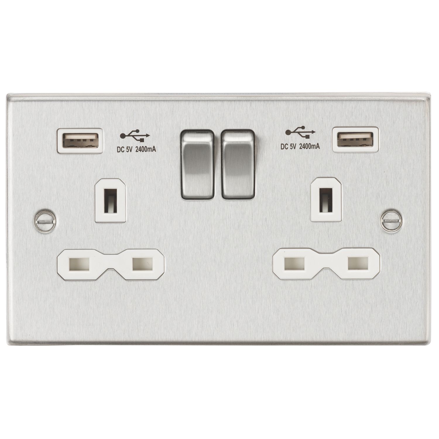 Knightsbridge 13A 2-Gang SP Switched Socket + 2.4A 12W 2-Outlet Type A USB Charger Brushed Chrome with White Inserts (695TY)