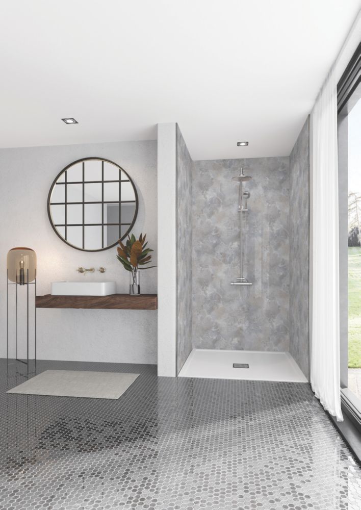 Splashwall Elite Matt Light grey Tile effect 3 sided Shower Wall panel kit (L)2420mm (W)1200mm (T)11mm - 3