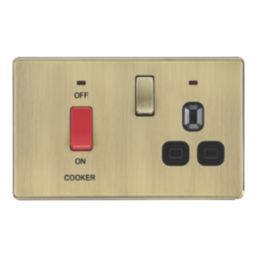 LAP  45A 2-Gang 2-Pole Cooker Switch & 13A DP Switched Socket Antique Brass with LED with Black Inserts