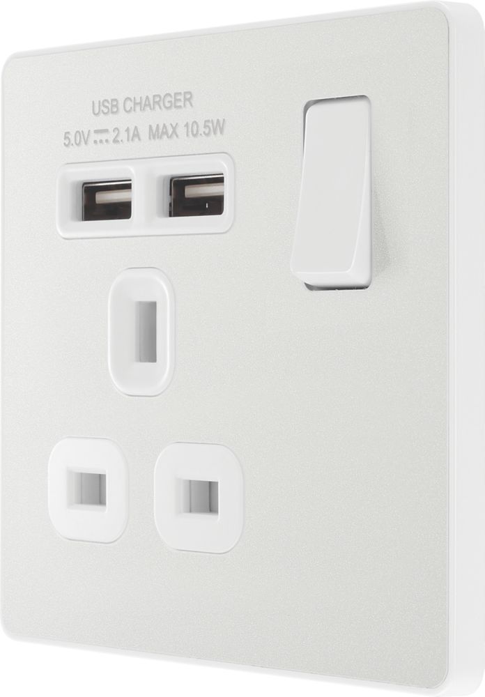 British General Evolve 13A 1-Gang SP Switched Socket + 2.1A 10.5W 2-Outlet Type A USB Charger Pearlescent White with White Inserts