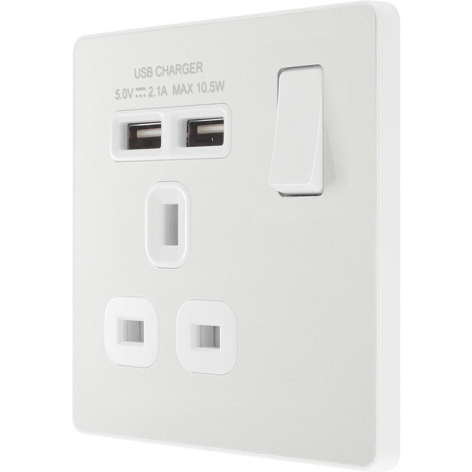 British General Evolve 13A 1-Gang SP Switched Socket + 2.1A 10.5W 2-Outlet Type A USB Charger Pearlescent White with White Inserts (699RF)
