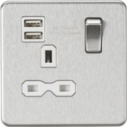 Knightsbridge  13A 1-Gang SP Switched Socket + 2.4A 12W 2-Outlet Type A USB Charger Brushed Chrome with White Inserts