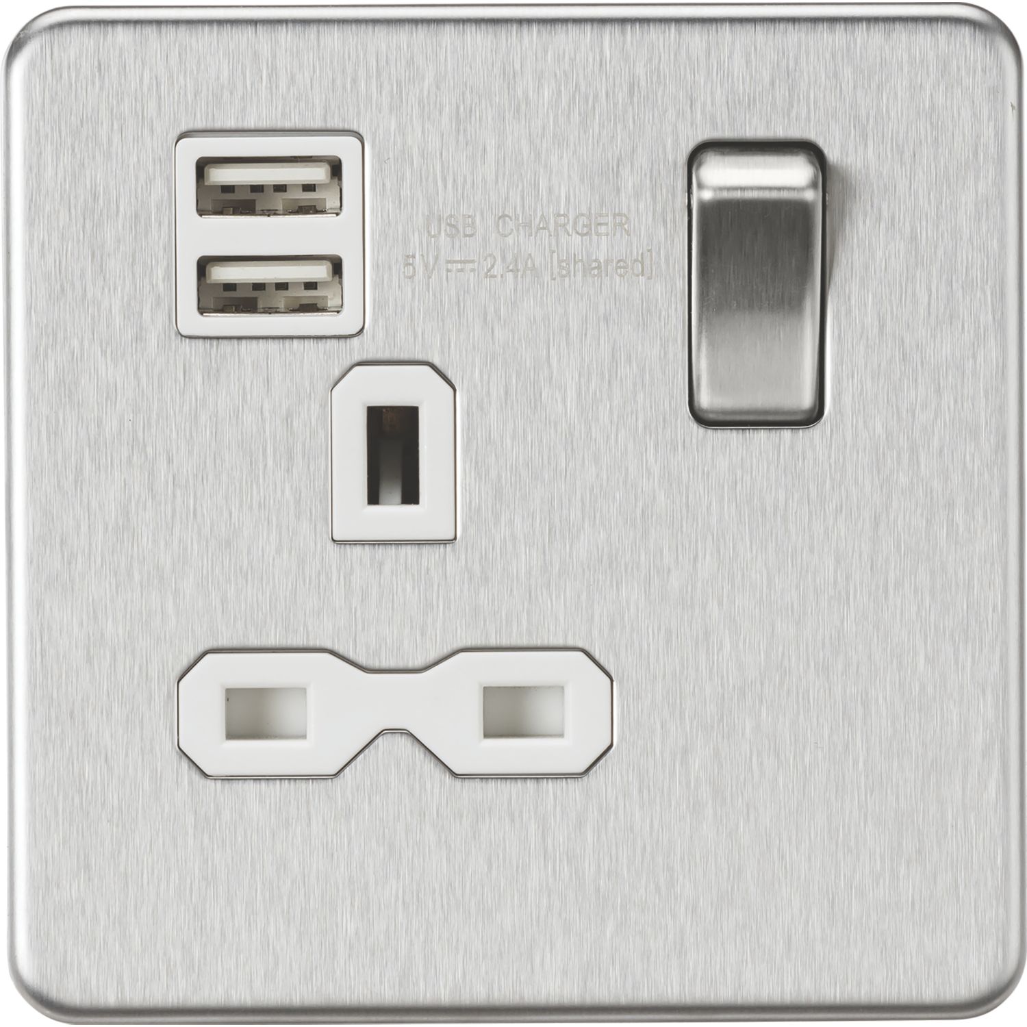 Knightsbridge 13A 1-Gang SP Switched Socket + 2.4A 12W 2-Outlet Type A USB Charger Brushed Chrome with White Inserts (699TX)