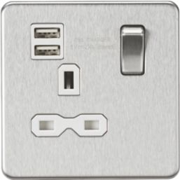 Knightsbridge SFR9124BCW 13A 1-Gang SP Switched Socket + 2.4A 2-Outlet Type A USB Charger Brushed Chrome with White Inserts