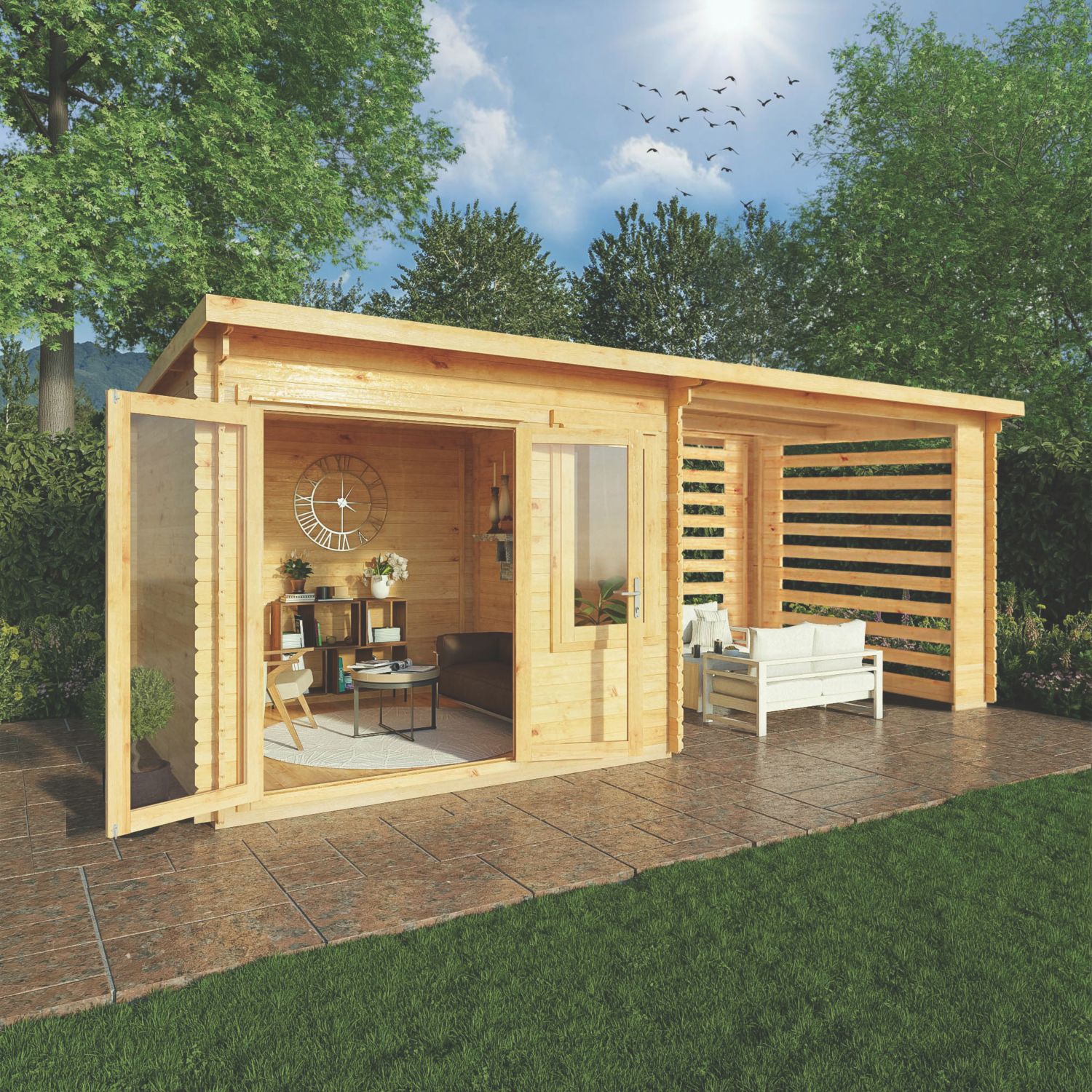 Mercia Elite Slatted 16' x 9' 6" (Nominal) Pent Timber Log Cabin with Patio Area (699YL)