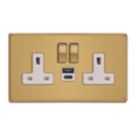 Varilight  13A 2-Gang 1P+N Switched Socket + 4A 20W 2-Outlet Type A & C USB Charger Brushed Brass with White Inserts