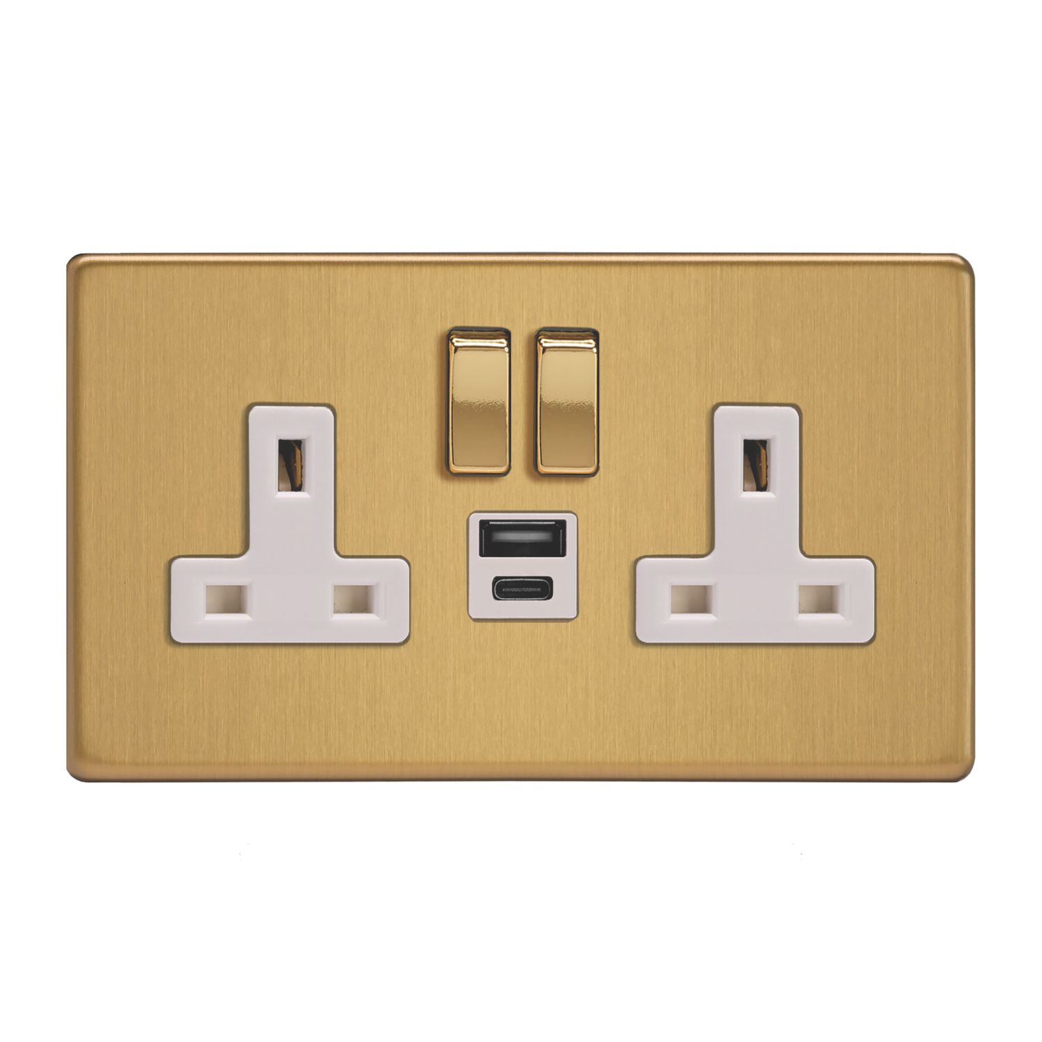 Varilight 13A 2-Gang 1P+N Switched Socket + 4A 20W 2-Outlet Type A & C USB Charger Brushed Brass with White Inserts (702YT)