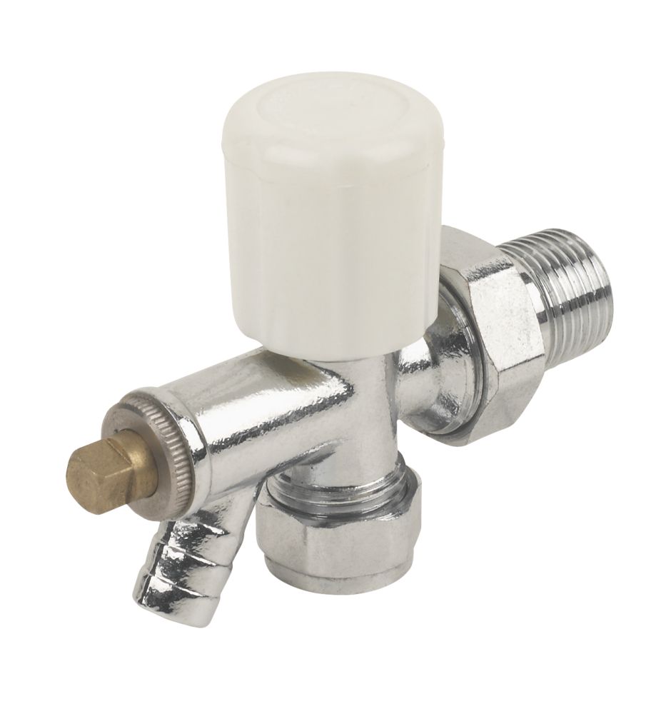 White Angled Manual Radiator Valve With Drain-Off 15mm x 1/2"