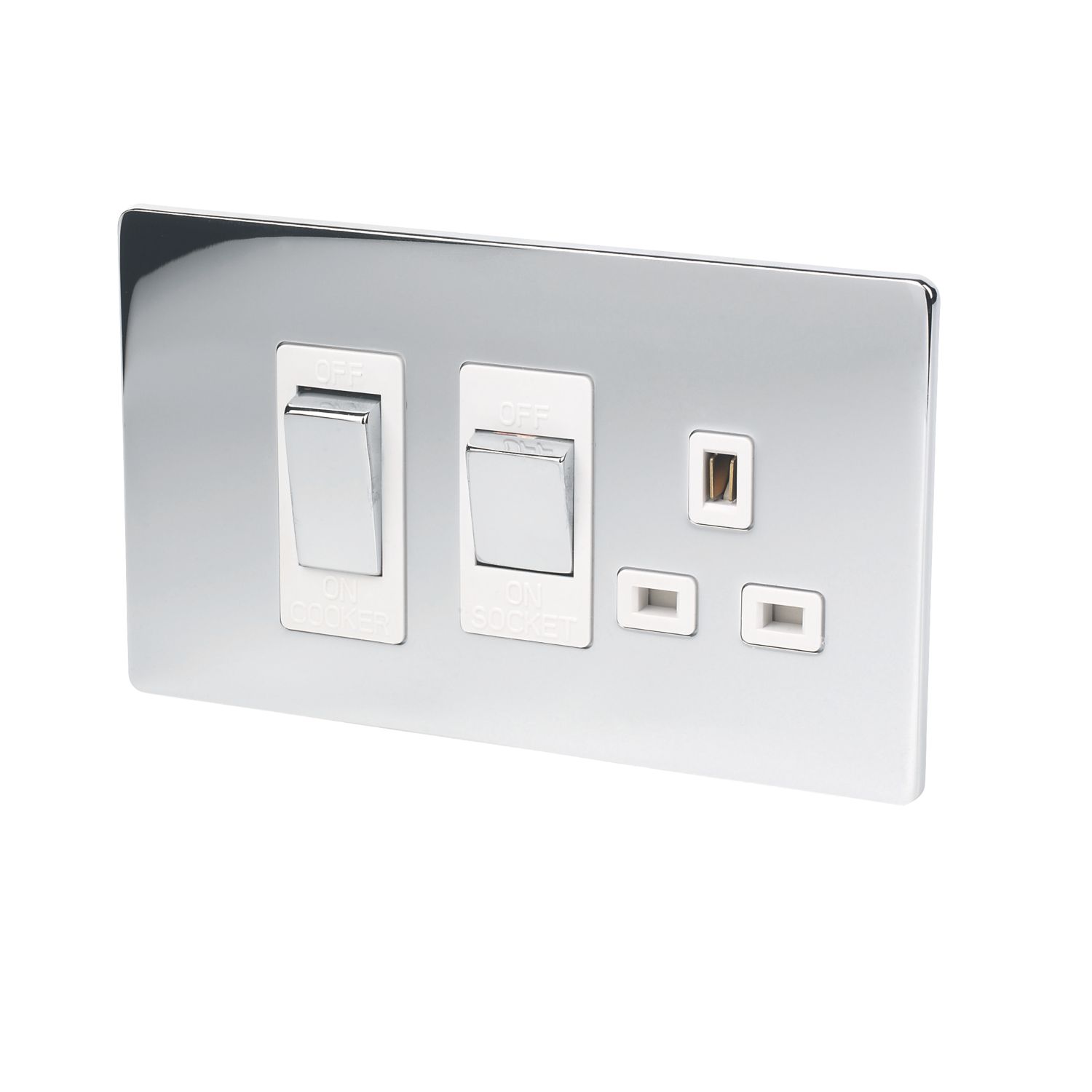 LAP 45A 2-Gang DP Cooker Switch & 13A DP Switched Socket Polished Chrome with White Inserts (70449)