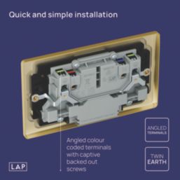 LAP  13A 2-Gang SP Switched Socket + 2.4A 12W 2-Outlet Type A & C USB Charger Satin Brass with Black Inserts