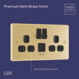 LAP  13A 2-Gang SP Switched Socket + 2.4A 12W 2-Outlet Type A & C USB Charger Satin Brass with Black Inserts