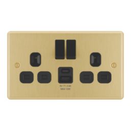 LAP  13A 2-Gang SP Switched Socket + 2.4A 12W 2-Outlet Type A & C USB Charger Satin Brass with Black Inserts