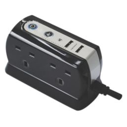 Refurb Masterplug 13A 4-Gang Unswitched Surge-Protected Extension Lead + 2.1A 2-Outlet Type A USB Charger Gloss Black 1m