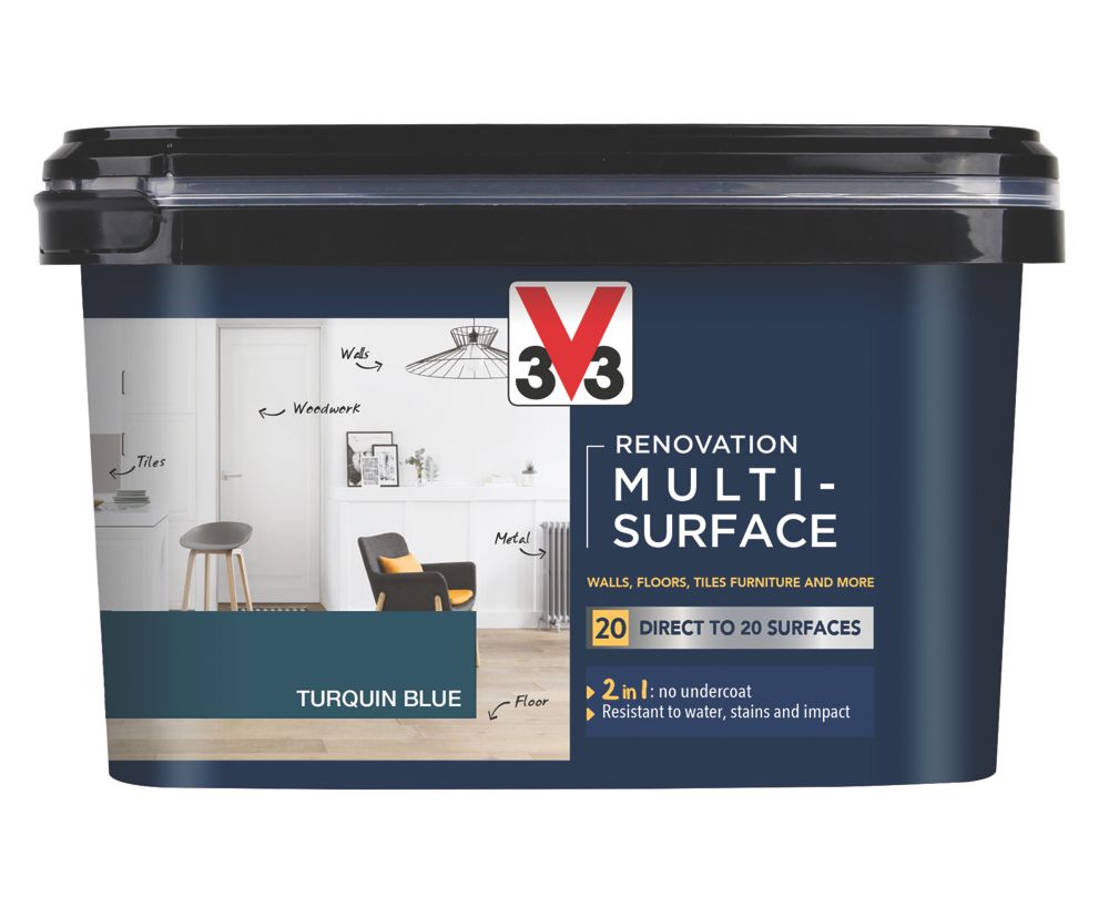 V33 2Ltr Turquin Blue Satin Acrylic Multi Surface Paint - Screwfix