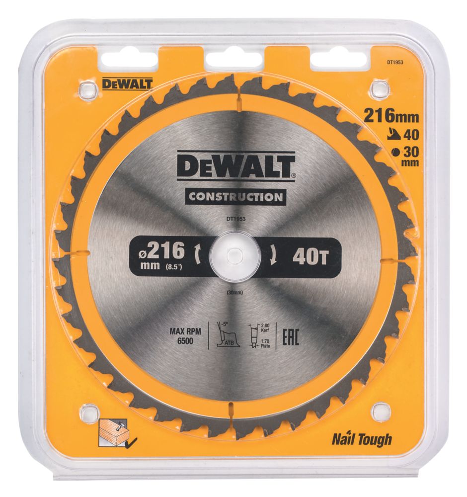 DeWalt Wood Nails TCT Circular Saw Blade 216mm x 30mm 40T Screwfix