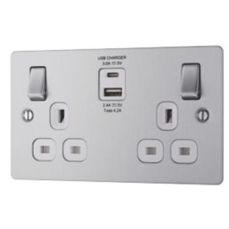 LAP  13A 2-Gang SP Switched Socket + 4.2A 15W 2-Outlet Type A & C USB Charger Brushed Stainless Steel with White Inserts