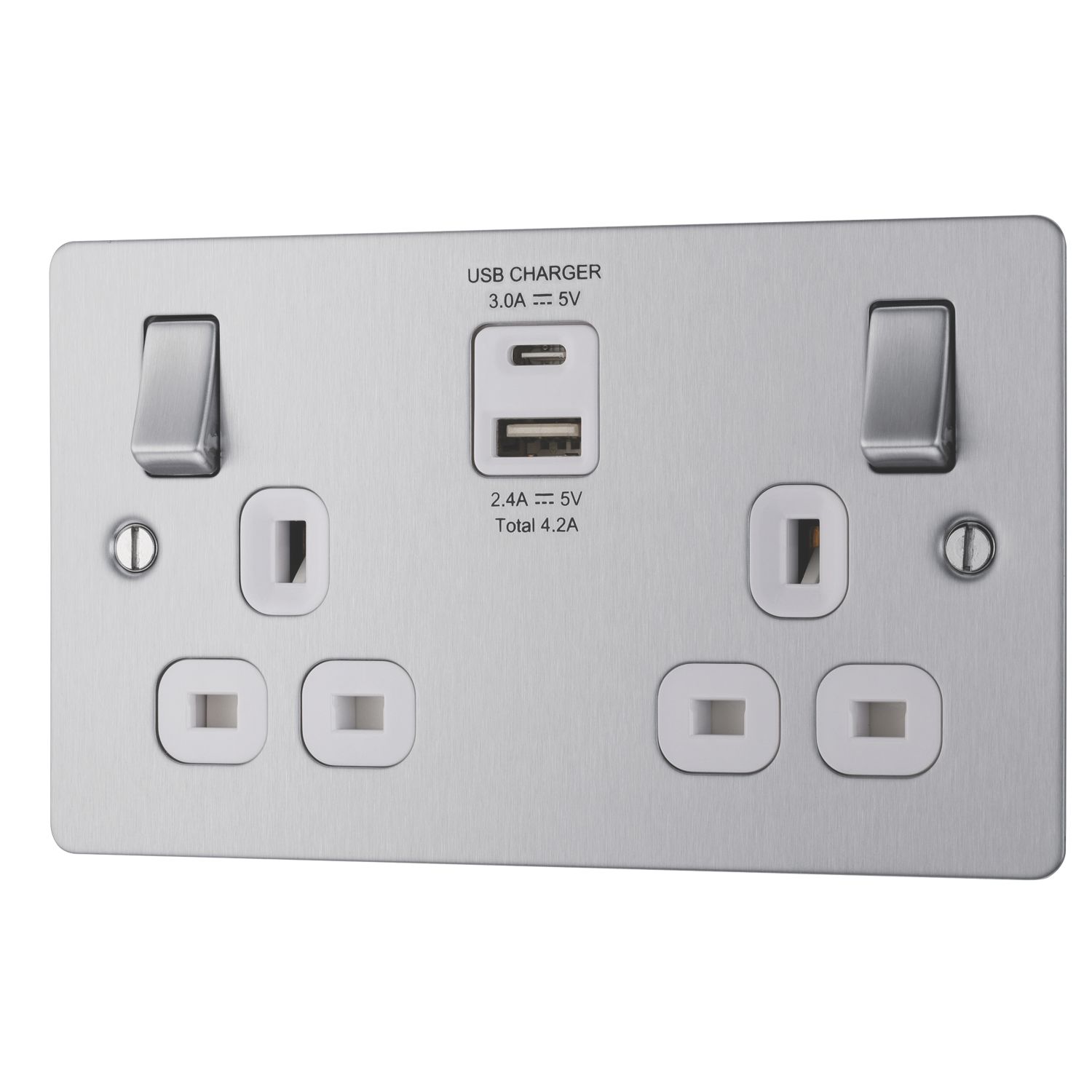 LAP 13A 2-Gang SP Switched Socket + 4.2A 15W 2-Outlet Type A & C USB Charger Brushed Stainless Steel with White Inserts (709HF)