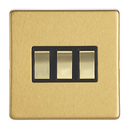 Contactum Lyric 10AX 3-Gang 2-Way Light Switch  Brushed Brass with Black Inserts