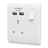 British General 800 Series 13A 1-Gang SP Switched Socket + 2.1A 2-Outlet Type A USB Charger White