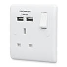 British General 800 Series 13A 1-Gang SP Switched Socket + 2.1A 2-Outlet Type A USB Charger White