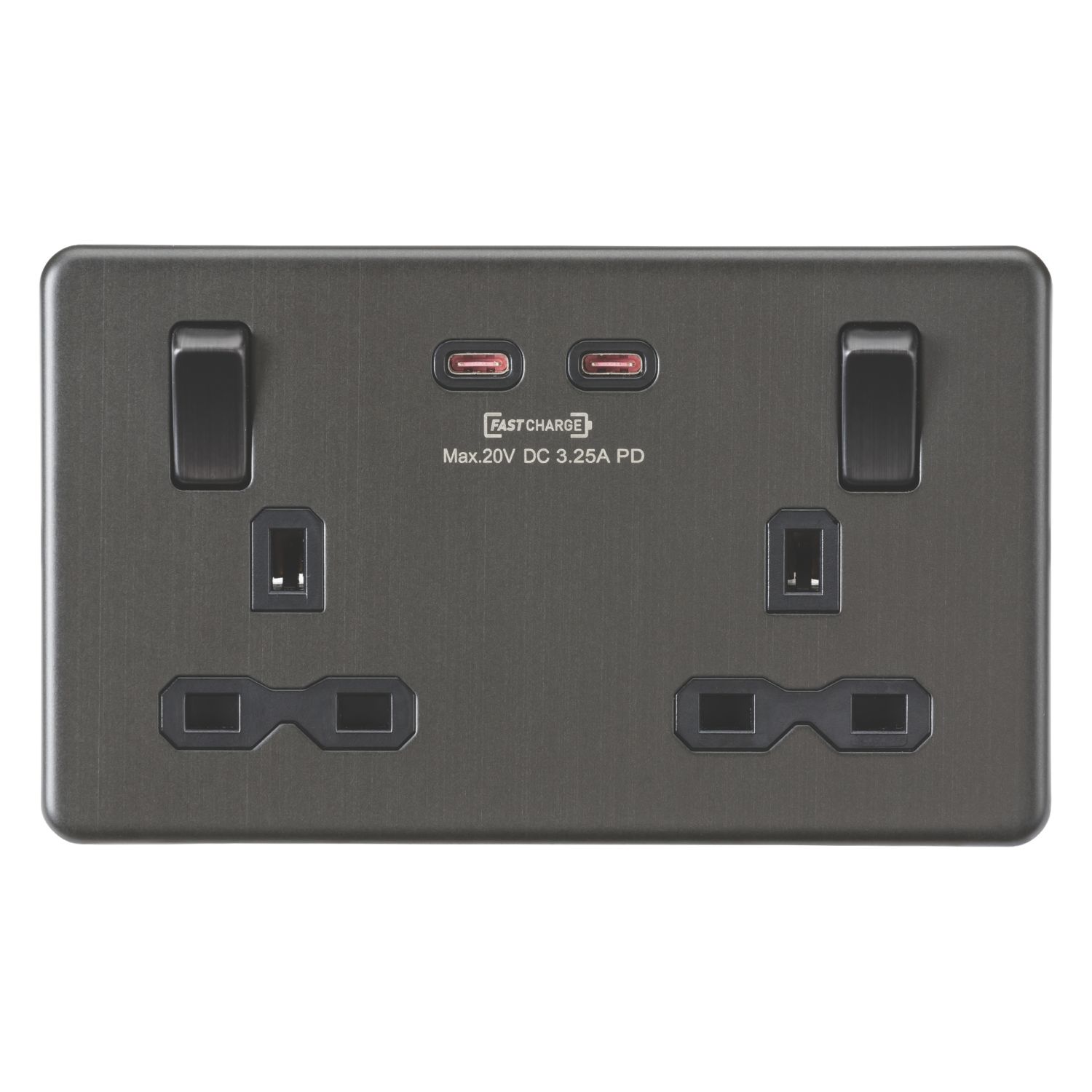 Knightsbridge 13A 2-Gang DP Switched Socket + 3.25A 65W 2-Outlet Type C USB Charger Smoked Bronze with Black Inserts (711CR)