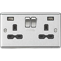 Knightsbridge CL9224BC 13A 2-Gang SP Switched Socket + 2.4A 2-Outlet Type A USB Charger Brushed Chrome with Black Inserts