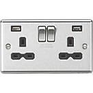 Knightsbridge CL9224BC 13A 2-Gang SP Switched Socket + 2.4A 2-Outlet Type A USB Charger Brushed Chrome with Black Inserts