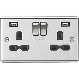 Knightsbridge  13A 2-Gang SP Switched Socket + 2.4A 2-Outlet Type A USB Charger Brushed Chrome with Black Inserts