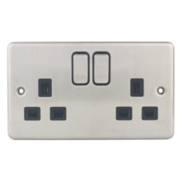Hager Sollysta WRSS82BSB  13A 2-Gang 2P+E Switched Socket Brushed Stainless Steel  with Black Inserts