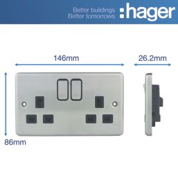 Hager Sollysta WRSS82BSB  13A 2-Gang 2P+E Switched Socket Brushed Stainless Steel  with Black Inserts