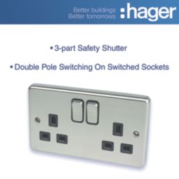 Hager Sollysta WRSS82BSB  13A 2-Gang 2P+E Switched Socket Brushed Stainless Steel  with Black Inserts
