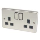 Hager Sollysta WRSS82BSB  13A 2-Gang 2P+E Switched Socket Brushed Stainless Steel  with Black Inserts