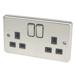Hager Sollysta WRSS82BSB  13A 2-Gang 2P+E Switched Socket Brushed Stainless Steel  with Black Inserts