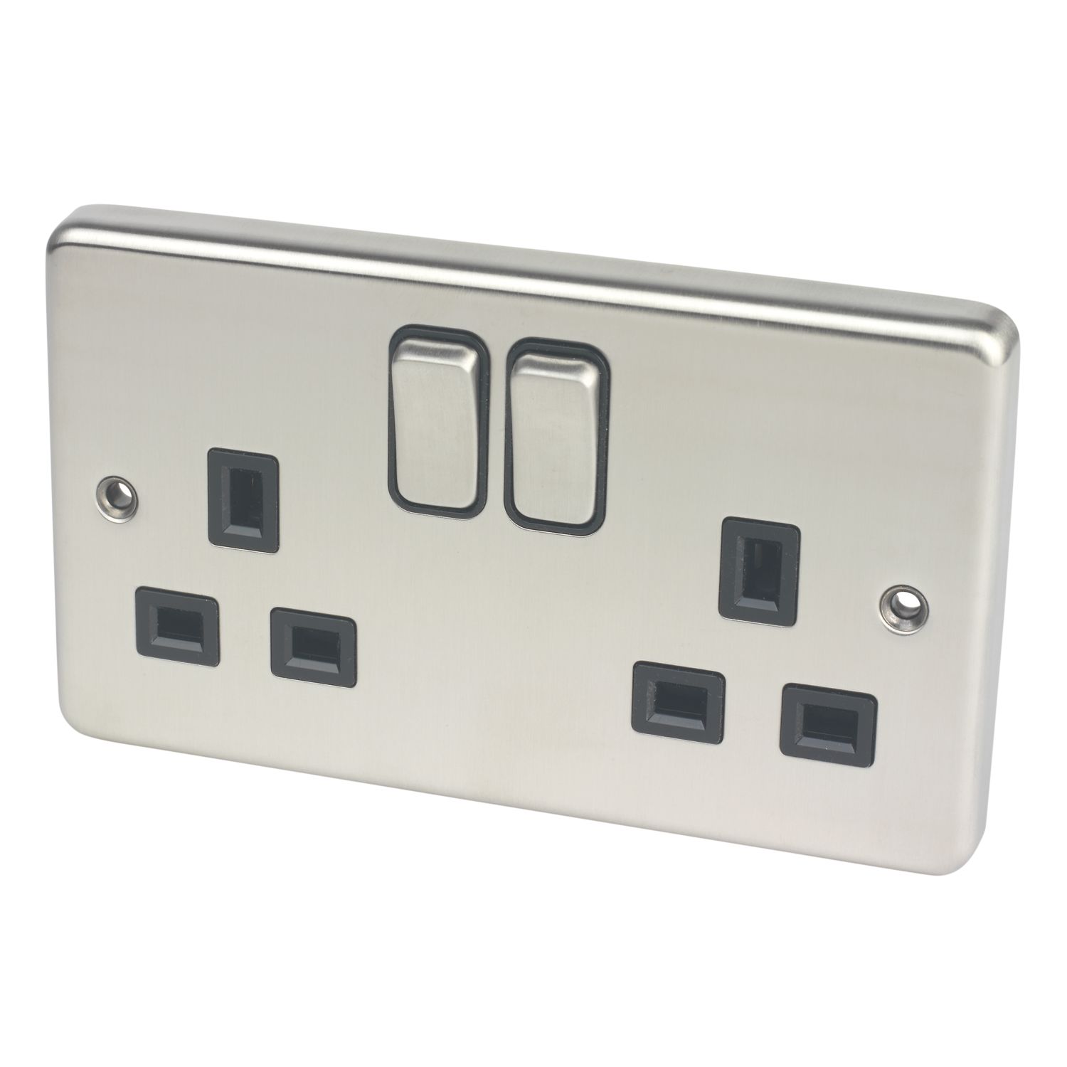 Hager Sollysta WRSS82BSB 13A 2-Gang 2P+E Switched Socket Brushed Stainless Steel with Black Inserts (712AM)