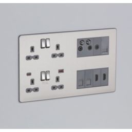 Knightsbridge SFR998BCG 13A 4-Gang DP Combination Plate + 4.0A 18W 2-Outlet Type A & C USB Charger Brushed Chrome with Colour-Matched Inserts