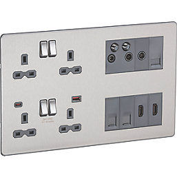 Knightsbridge SFR998BCG 13A 4-Gang DP Combination Plate + 4.0A 18W 2-Outlet Type A & C USB Charger Brushed Chrome with Colour-Matched Inserts