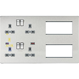 Knightsbridge SFR998BCG 13A 4-Gang DP Combination Plate + 4.0A 18W 2-Outlet Type A & C USB Charger Brushed Chrome with Colour-Matched Inserts