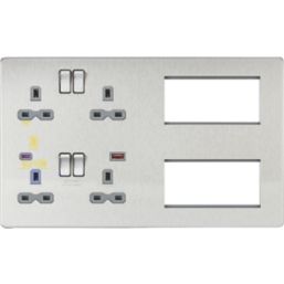 Knightsbridge SFR998BCG 13A 4-Gang DP Combination Plate + 4.0A 18W 2-Outlet Type A & C USB Charger Brushed Chrome with Colour-Matched Inserts