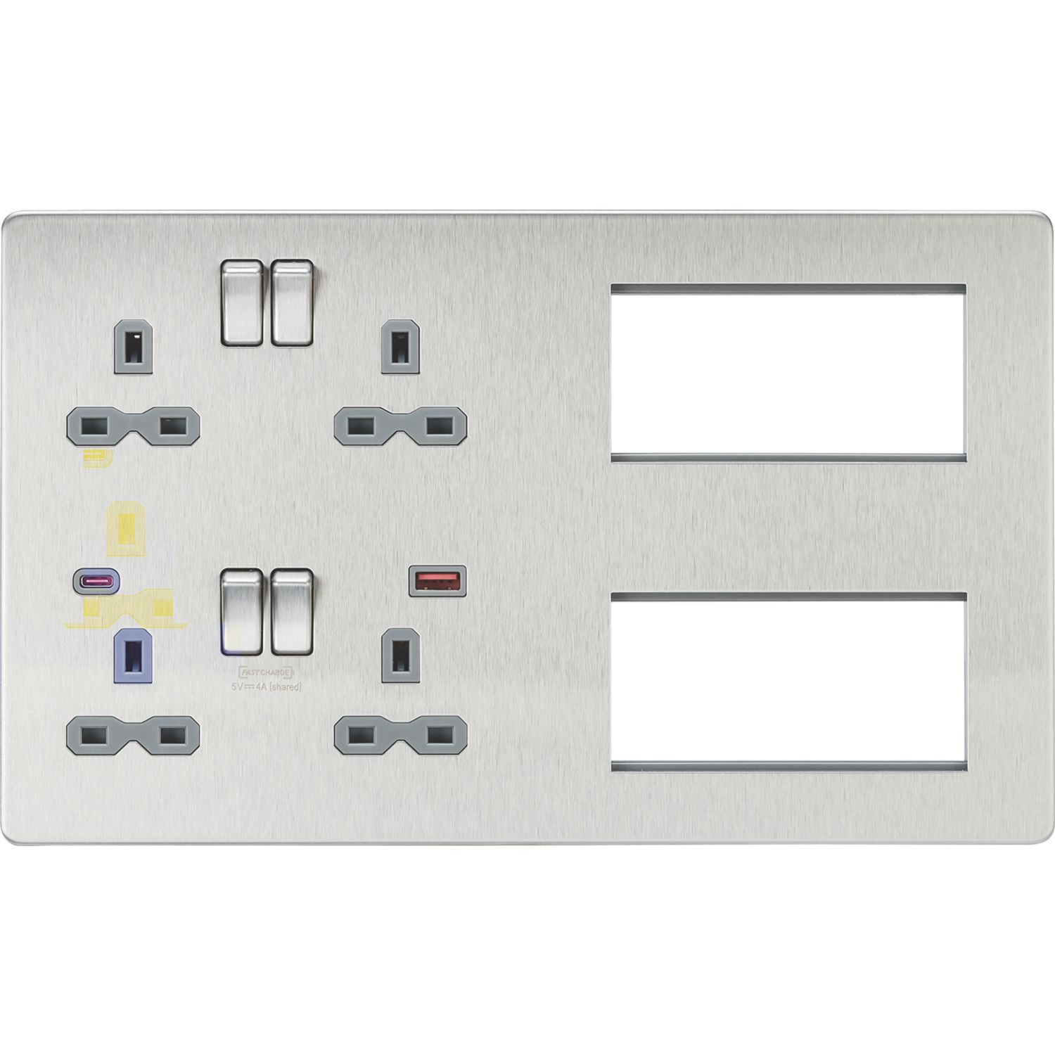 Knightsbridge SFR998BCG 13A 4-Gang DP Combination Plate + 4.0A 18W 2-Outlet Type A & C USB Charger Brushed Chrome with Colour-Matched Inserts (712VF)