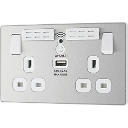 British General Evolve 13A 2-Gang SP Switched Double Socket With WiFi Extender + 2.1A 1-Outlet Type A USB Charger Brushed Steel with White Inserts