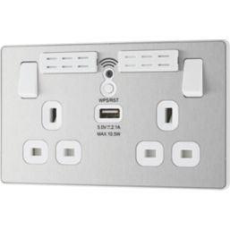 British General Evolve 13A 2-Gang SP Switched Wi-Fi Extender Socket + 2.1A 10.5W 1-Outlet Type A USB Charger Brushed Steel with White Inserts