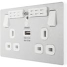 British General Evolve 13A 2-Gang SP Switched Wi-Fi Extender Socket + 2.1A 10.5W 1-Outlet Type A USB Charger Brushed Steel with White Inserts