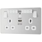 British General Evolve 13A 2-Gang SP Switched Wi-Fi Extender Socket + 2.1A 10.5W 1-Outlet Type A USB Charger Brushed Steel with White Inserts