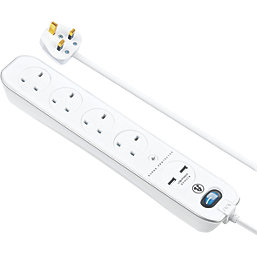 Masterplug 13A 4-Gang Switched Surge-Protected Extension Lead + 3.1A 2-Outlet Type A USB Charger Gloss White 2m