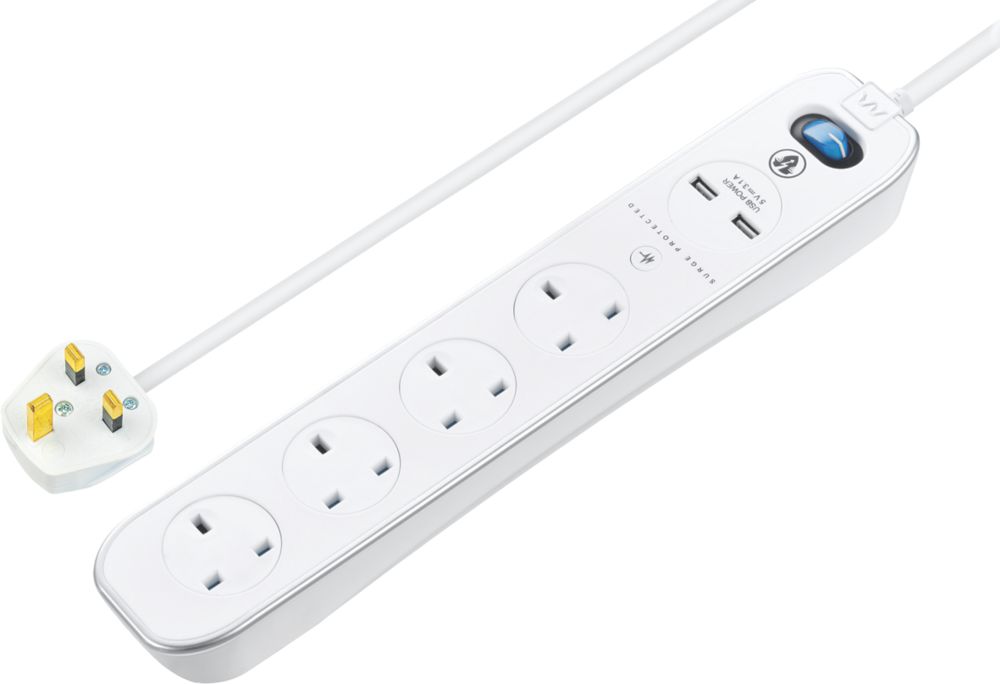 Masterplug 13A 4-Gang Switched Surge-Protected Extension Lead + 3.1A 2-Outlet Type A USB Charger Gloss White 2m