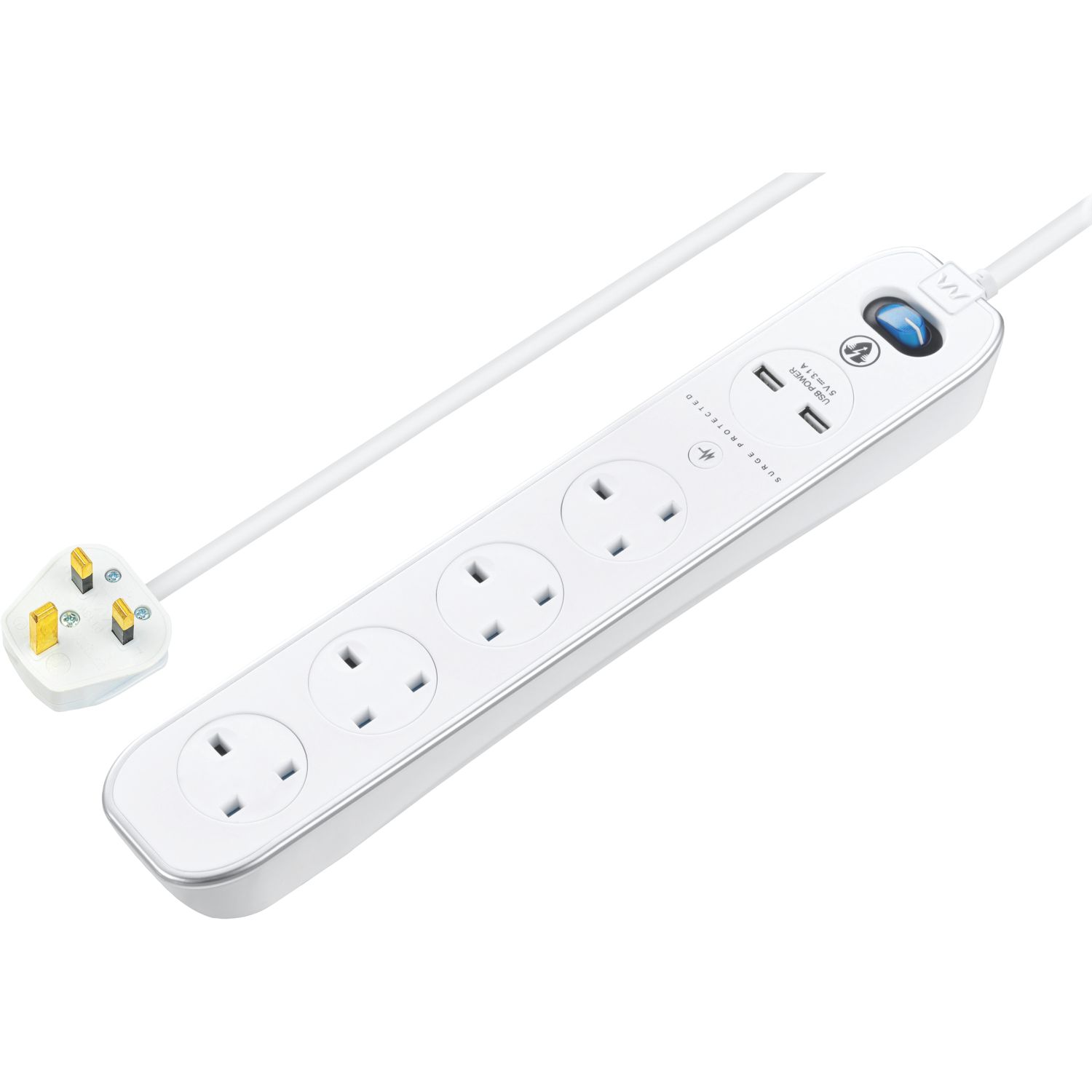 Masterplug 13A 4-Gang Switched Surge-Protected Extension Lead + 3.1A 2-Outlet Type A USB Charger Gloss White 2m (713XF)