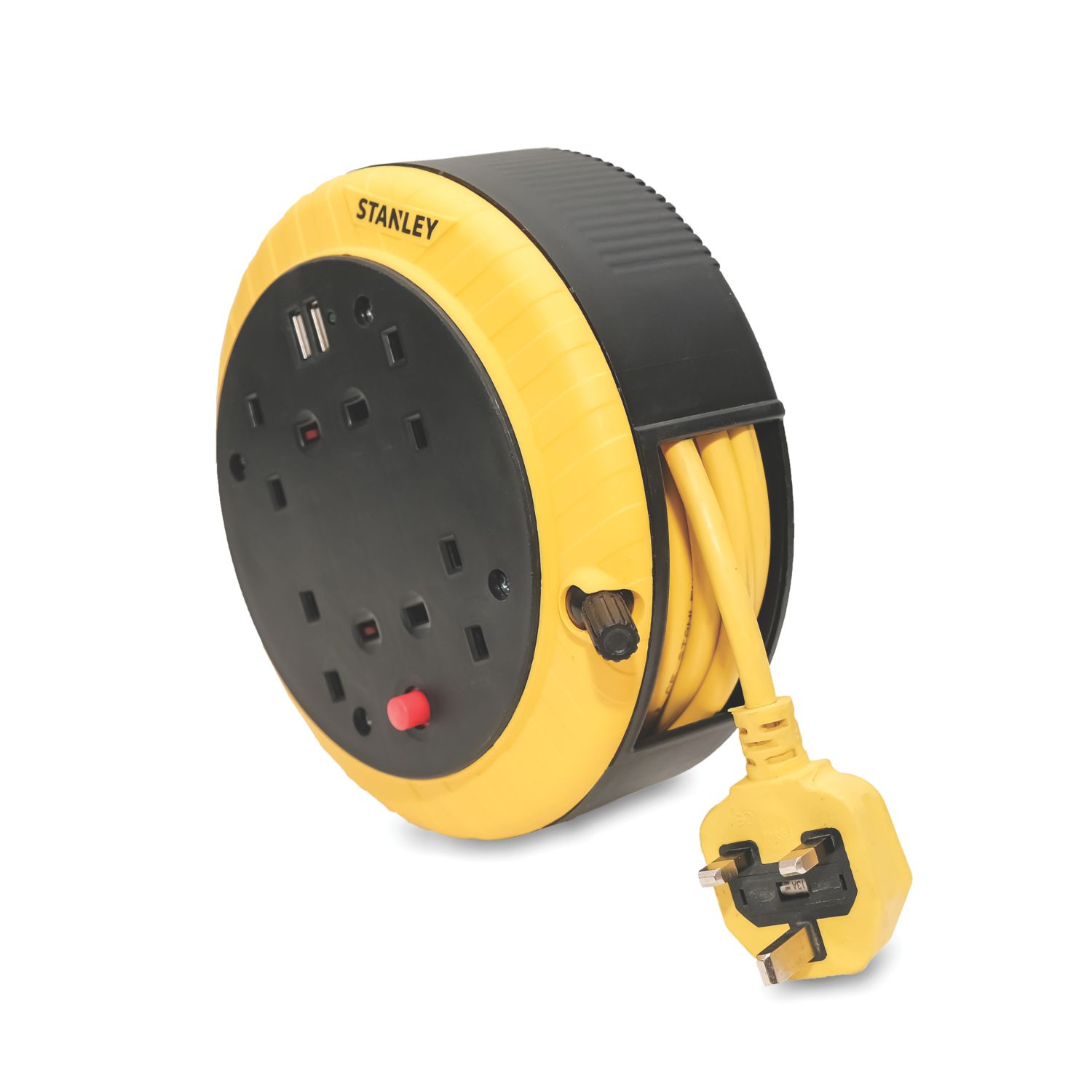 Stanley 13A 4-Gang 5m Cable Reel + 2.1A 2-Outlet Type A USB Charger 240V (714VA)