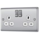 British General Nexus Metal 13A 2-Gang SP Switched Power Socket Brushed Steel  with White Inserts