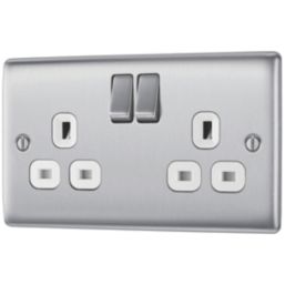 British General Nexus Metal 13A 2-Gang SP Switched Power Socket Brushed Steel  with White Inserts